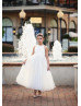 Jewel Neck White Pleated Tulle Tie Back Flower Girl Dress